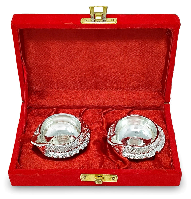 Nobility Silver Plated Diya with Red Velvet Gift Box Kuber Dia Pooja Items Diwali Decoration Puja Gifts Handmade Oil Lamp Traditional Indian Deepawali Gift Items