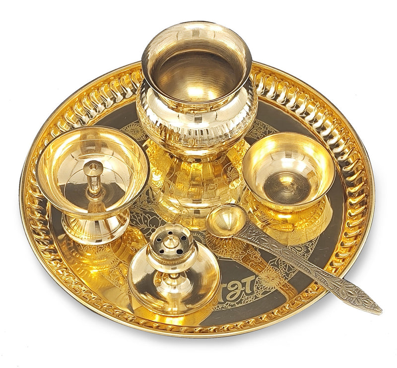 NOBILITY Brass Pooja Thali Set 8 Inch with Pital Plate Kalash Piyali Diya Dhup Dan Spoon Bowl Puja Thali for Diwali Home Office Mandir Wedding Return Gift Items