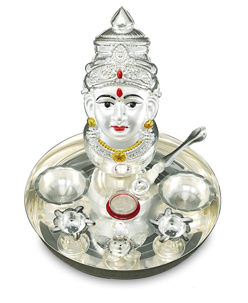 NOBILITY Silver Plated Pooja thali Set with Varalakshmi Devi Mukhota Idol Statue