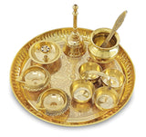 NOBILITY Puja Thali Set Brass Pooja Thali Set 8 Inch with Pital Plate Glass Kalash Spoon Ghanti Bowl Agarbatti Stand Kuber Diya Daily Pooja items for Diwali Home Mandir Office Wedding Return Gift Item