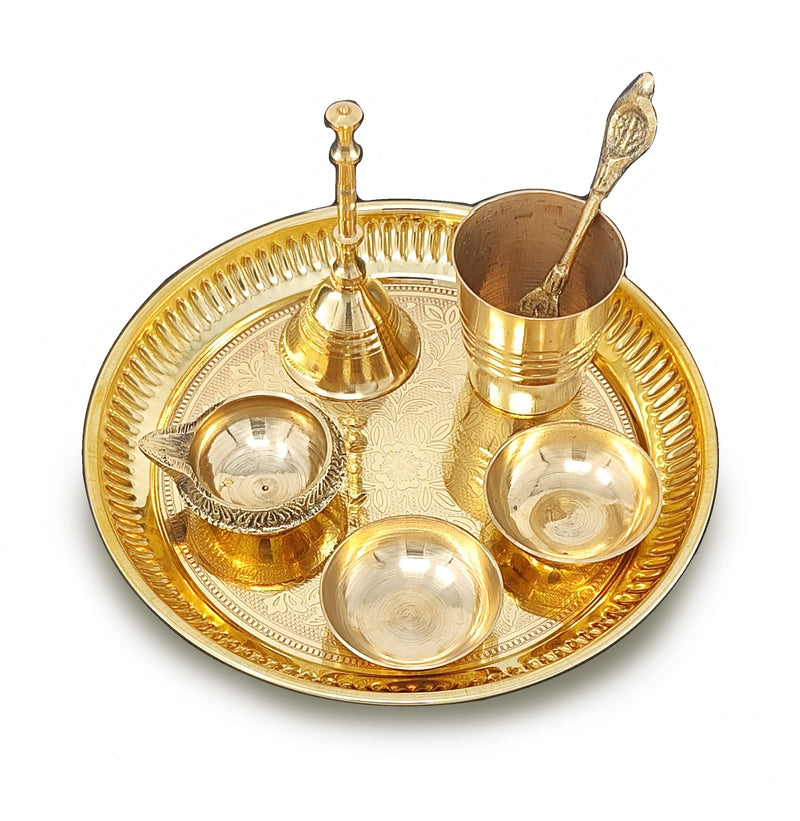 NOBILITY Brass Pooja Thali Set 6 Inch Puja Thali with Pital Plate Glass Pallu Bowl Diya Ghanti Arti Thali for Diwali Home Office Mandir Wedding Return Gift Items