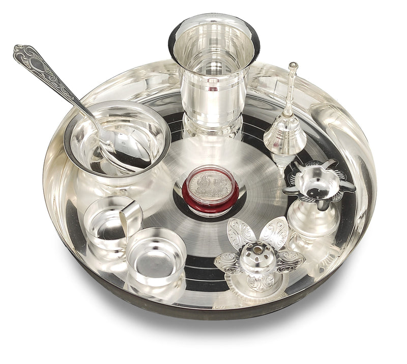 NOBILITY Silver Plated Pooja thali Set 9 Inch with Plate Bowl Agarbatti Stand Diya Kumkum Holder Coin Puja Thali for Home Mandir Office Wedding Return Diwali Gift Items