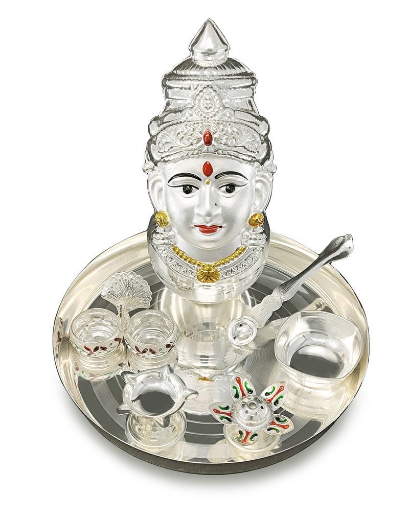 NOBILITY Silver Plated Pooja thali Set with Varalakshmi Devi Mukhota Idol Statue