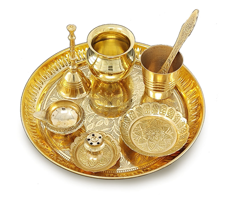 NOBILITY Brass Pooja Thali Set 7 Inch with Pital Puja Plate Kalash Bowl Spoon Dhup Dan Palli Ghanti Kuber Diya Chandan Wati Arti Thali for Diwali Home Office Mandir Wedding Return Gift Items