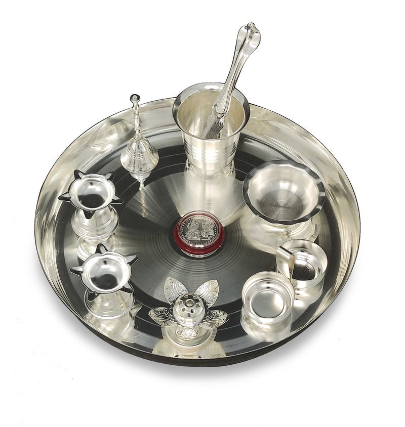 NOBILITY Silver Plated Pooja Thali Set 10 Inch with Accessories Daily Puja Decorative Item for Diwali Mandir Home Office Wedding Return Gift Items