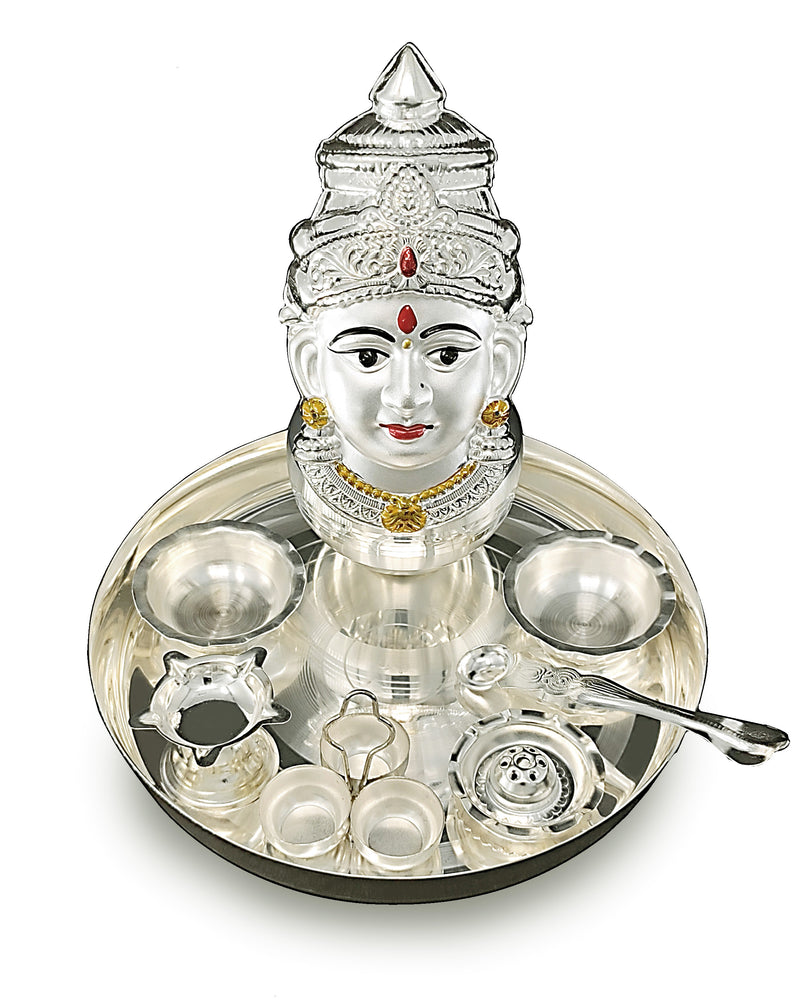 NOBILITY Silver Plated Pooja thali Set with Varalakshmi Devi Mukhota Idol Statue