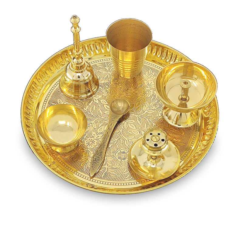 NOBILITY Brass Pooja Thali Set 8 Inch Puja Thali with Pital Plate Glass Piyali Diya Dhup Dan Chandan Wati Ghanti Palli for Diwali Home Office Mandir Wedding Return Gift Items