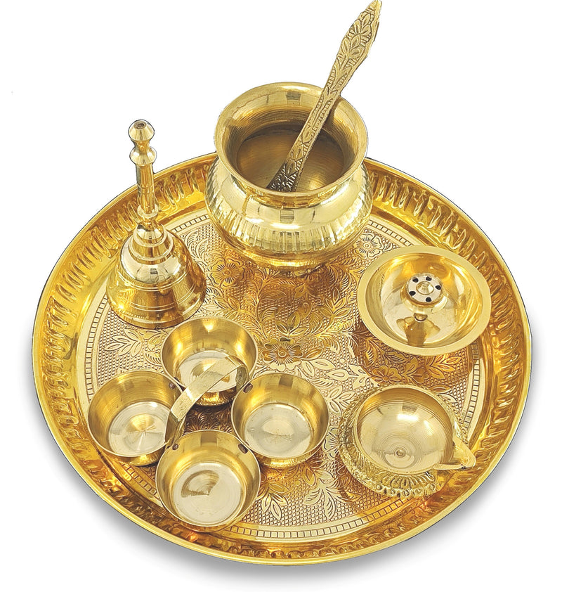 NOBILITY Brass Pooja Thali Set 8 Inch Puja Thali with Pital Plate Kalash Haldi Kumkum Holder Agarbatti Stand Kuber Diya Ghanti Palli Arti Thali for Diwali Home Office Mandir Wedding Return Gift Items