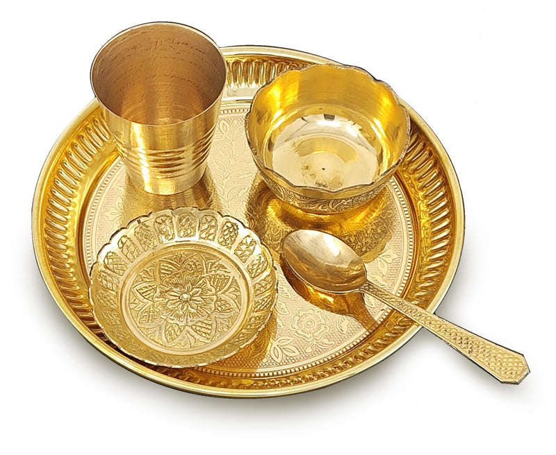 NOBILITY Brass Pooja Thali Set 6 Inch Puja Thali with Pital Plate Bowl Glass Kangura Plate Spoon Arti Thali for Diwali Home Office Mandir Wedding Return Gift Items