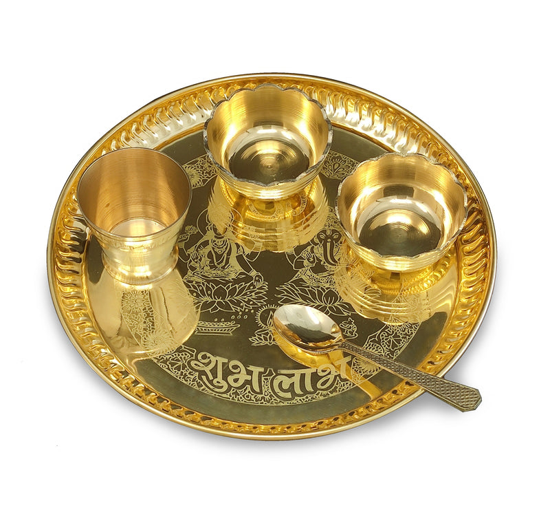 NOBILITY Brass Pooja thali Set 8 Inch with Pital Plate Bowl Glass Spoon Daily Puja Bhog Thali for Diwali Home Mandir Office Wedding Return Gift Items