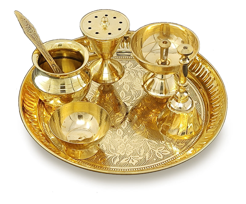 NOBILITY Brass Pooja Thali Set 7 Inch with Pital Puja Plate Kalash Bowl Spoon Dhup Dan Palli Ghanti Kuber Diya Chandan Wati Arti Thali for Diwali Home Office Mandir Wedding Return Gift Items