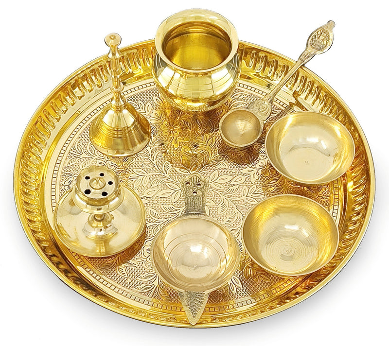 NOBILITY Brass Puja Thali Set 8 Inch Pooja Thali with Pital Design Plate Kalash Chandan Wati Dhup Dan Diya Ghanti Palli Arti Thali for Diwali Home Office Mandir Wedding Return Gift Items