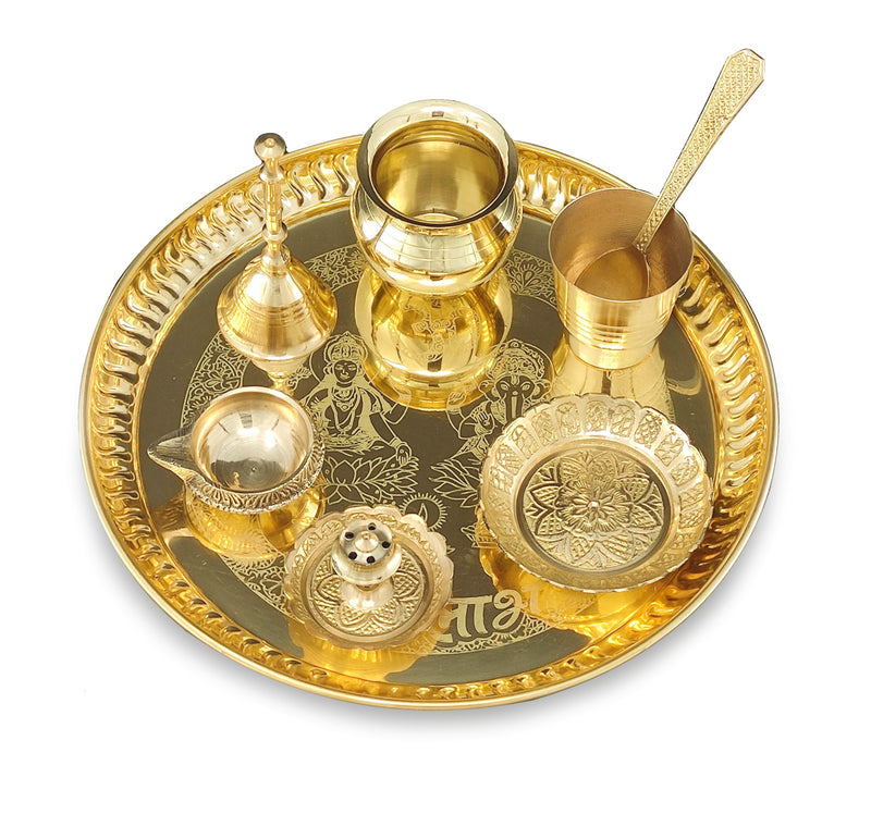 NOBILITY Brass Pooja thali Set 8 Inch with Pital Plate Kalash Spoon Glass Diya Bowl Dhup Dan Ghanti Kangura Plate Puja Arti Thali for Diwali Home Mandir Office Wedding Return Gift Items