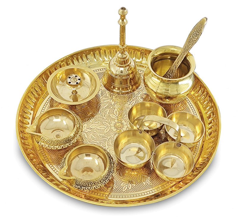 NOBILITY Brass Pooja Thali Set 8 Inch Puja Thali with Pital Plate Kalash Haldi Kumkum Stand Dhup Dan Kuber Diya Ghanti Palli Arti Thali for Diwali Home Office Mandir Wedding Return Gift Items