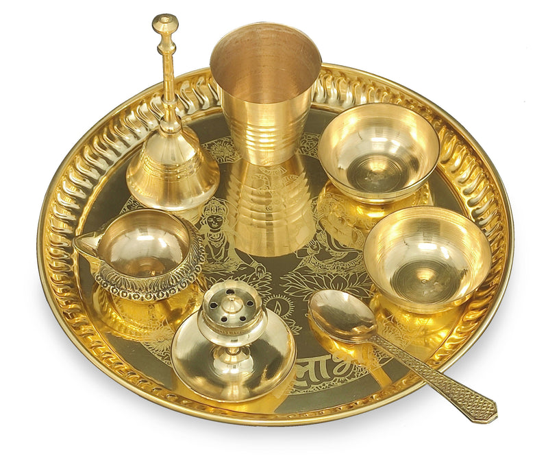 NOBILITY Brass Pooja thali Set 8 Inch with Pital Plate Glass Spoon Ghanti Bowl Agarbatti Stand Kuber Diya Puja Thali for Diwali Home Mandir Office Wedding Return Gift Items