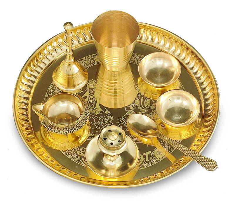 NOBILITY Brass Pooja thali Set 8 Inch with Pital Plate Glass Spoon Ghanti Bowl Kuber Diya Agarbatti Stand Puja Thali for Diwali Home Mandir Office Wedding Return Gift Items