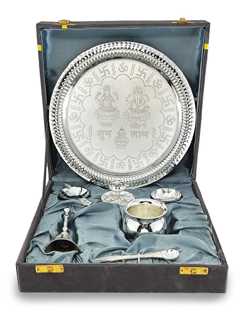 NOBILITY Pooja Thali Set Silver Plated with Grey Gift Box Designed Puja Plate 22 CM Bowl Ghanti Kalash Spoon Dhup Dan Diya for Home Office Diwali Wedding Return Gift Items