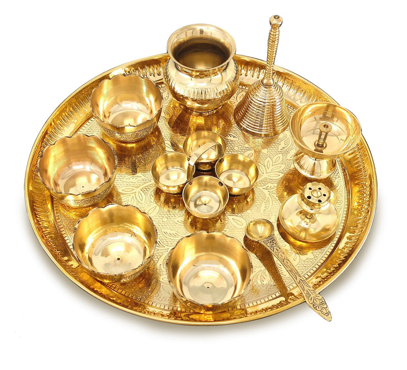 NOBILITY Brass Pooja Thali Set 12 Inch with Pital Plate Kalash Bowl Spoon Haldi Kumkum Stand Ghanti Piyali Diya Puja Thali for Diwali Home Office Mandir Wedding Return Gift Items