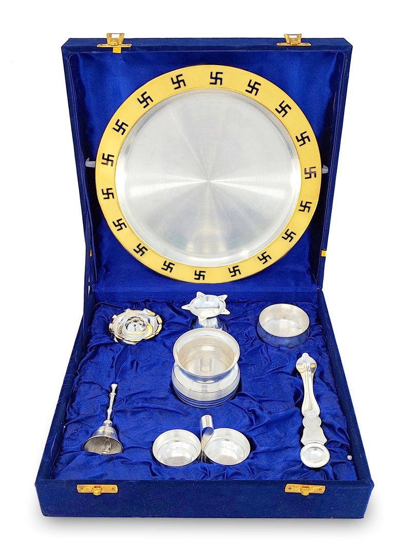 NOBILITY Pooja Thali Set Gold & Silver Plated with Blue Gift Box