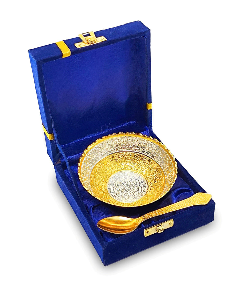 NOBILITY Bowl Spoon Set Gold and Silver Plated Leaf Shaped Designed with Velvet Box Dry Fruit Dessert Serving Sets Friends Family Home Decorative Corporate Gifts Wedding Return Gift