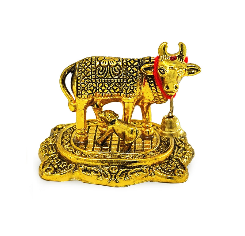 NOBILITY Golden Small Kamdhenu Cow with Calf Metal Statue with Blue Gift Box Decorative Item Showpiece for Home Office Diwali Decoration items Wedding Return Gifts