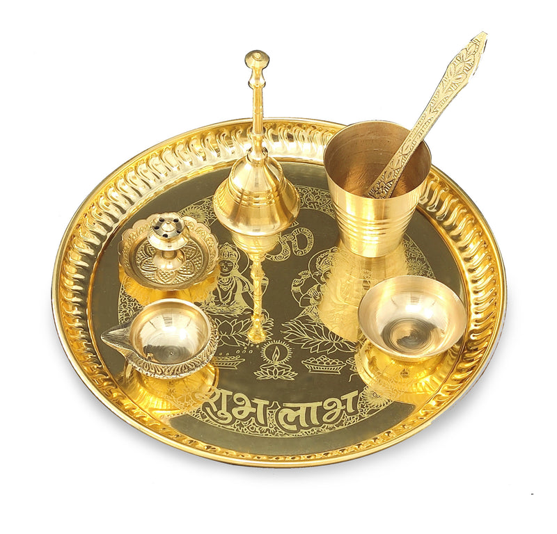 NOBILITY Brass Pooja thali Set 8 Inch with Pital Plate Glass Spoon Diya Bowl Designed Dhup Dan Ghanti Daily Puja Thali for Diwali Home Mandir Office Wedding Return Gift Items