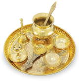 Brass Pooja Thali Set 8 Inch Puja Thali with Pital Plate Kalash Palli Chandan Wati Agarbatti Stand Kappur Arti Diya for Diwali Home Office Mandir Wedding Return Gift Items