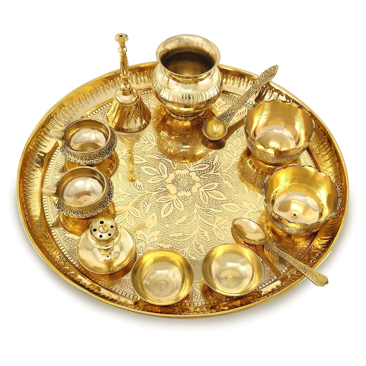 NOBILITY Brass Pooja Thali Set 12 Inch with Pital Puja Plate Kalash Bowl Spoon Palli Ghanti Kuber Diya Chandan Wati Dhup Dan Arti Thali for Diwali Home Office Mandir Wedding Return Gift Items