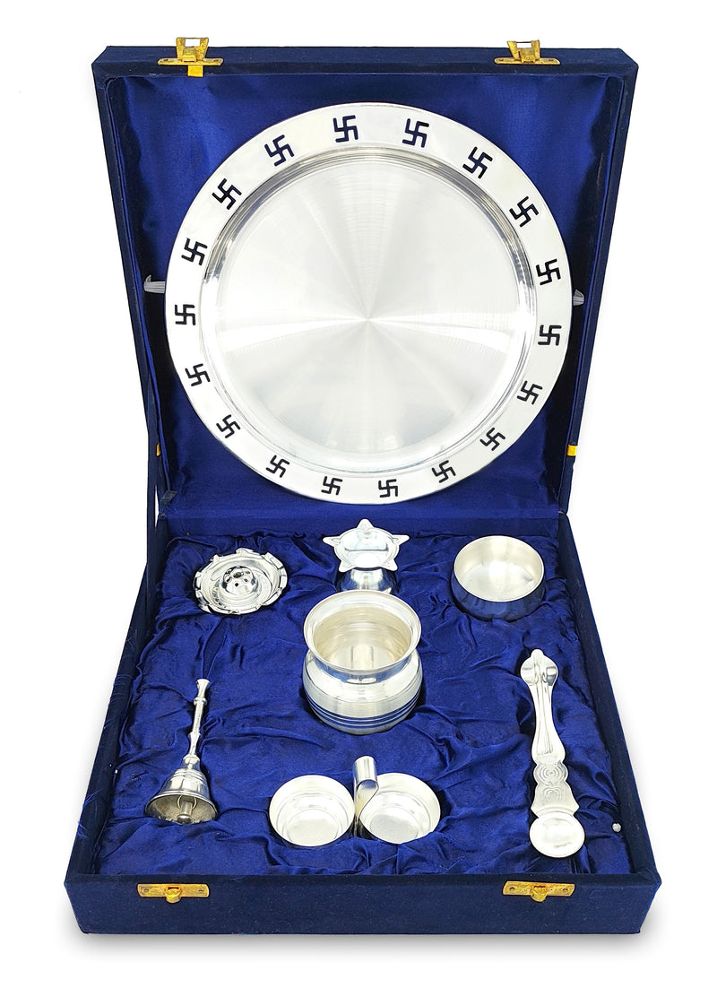 NOBILITY Pooja Thali Set Silver Plated with Blue Gift Box