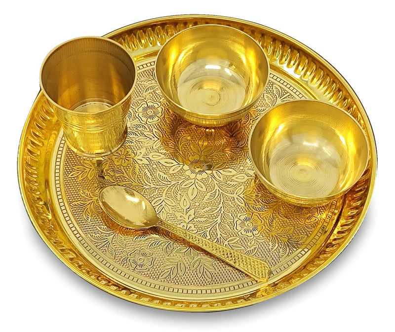 NOBILITY Brass Pooja Thali Set 8 Inch Puja Bhog Thali with Pital Plate Bowl Glass Spoon Arti Thali for Diwali Home Office Mandir Wedding Return Gift Items