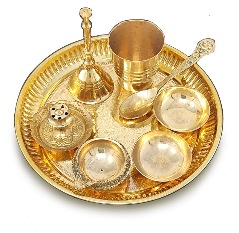 NOBILITY Brass Pooja Thali Set 6 Inch Puja Thali with Pital Plate Glass Chandan Wati Dhup Dan Kuber Deep Ghanti Spoon Arti Thali for Diwali Home Office Mandir Wedding Return Gift Items