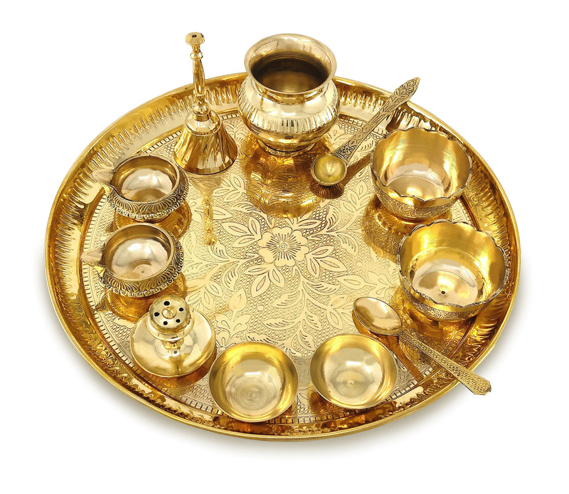 NOBILITY Brass Pooja Thali Set 12 Inch with Pital Plate Kalash Bowl Spoon Palli Ghanti Kuber Diya Chandan Wati Dhup Dan Puja Thali for Diwali Home Office Mandir Wedding Return Gift Items