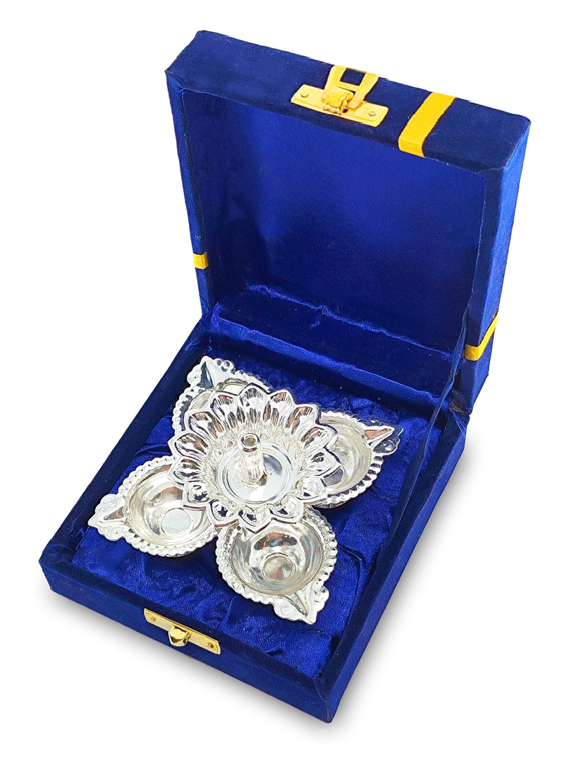 Nobility Silver Plated Diya with Blue Velvet Gift Box Panchmukhi Dia Pooja Items Diwali Decoration Puja Gifts Handmade Oil Lamp Traditional Indian Deepawali Gift Items