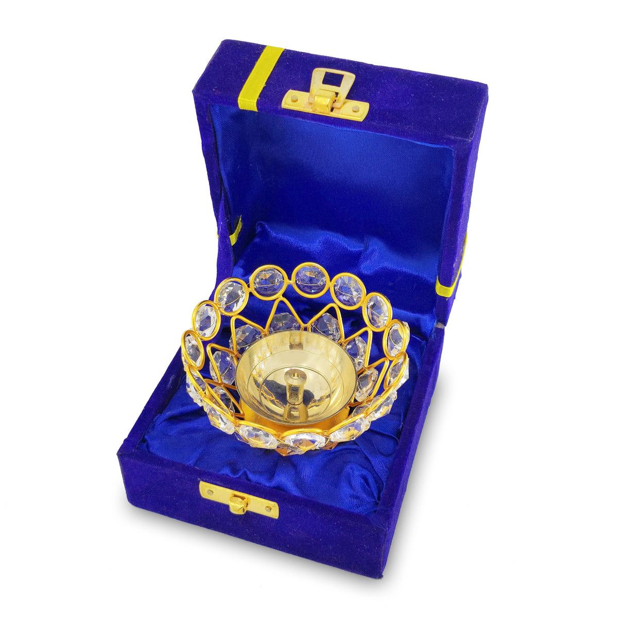 Gold Crystal Diya with Blue Velvet Gift Box Home Decoration Chrystal Piyali Dia Pooja Items Puja Gifts Handmade Oil Lamp Traditional Indian Dhanteras Deepawali Diwali Gift Items