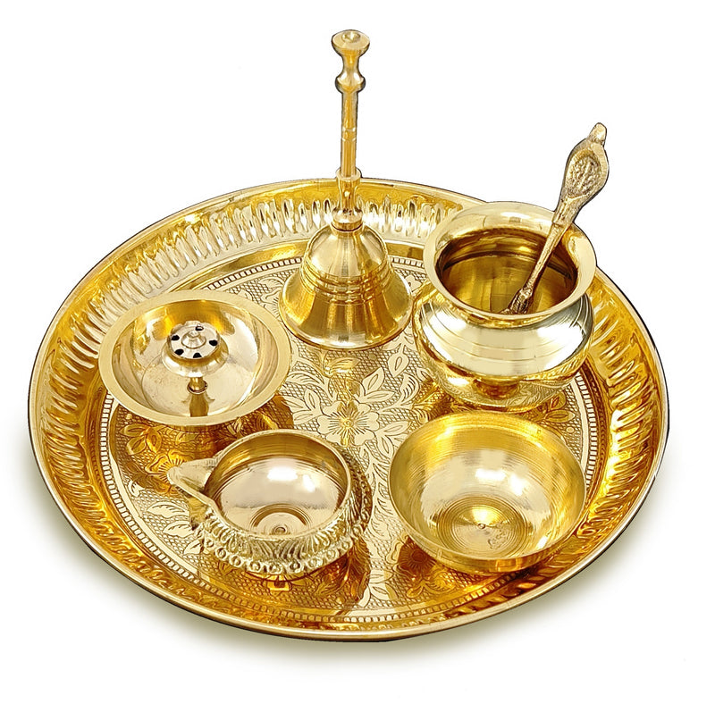 NOBILITY Brass Pooja Thali Set 7 Inch with Pital Puja Plate Kalash Bowl Spoon Dhup Dan Palli Ghanti Kuber Diya Chandan Wati Arti Thali for Diwali Home Office Mandir Wedding Return Gift Items