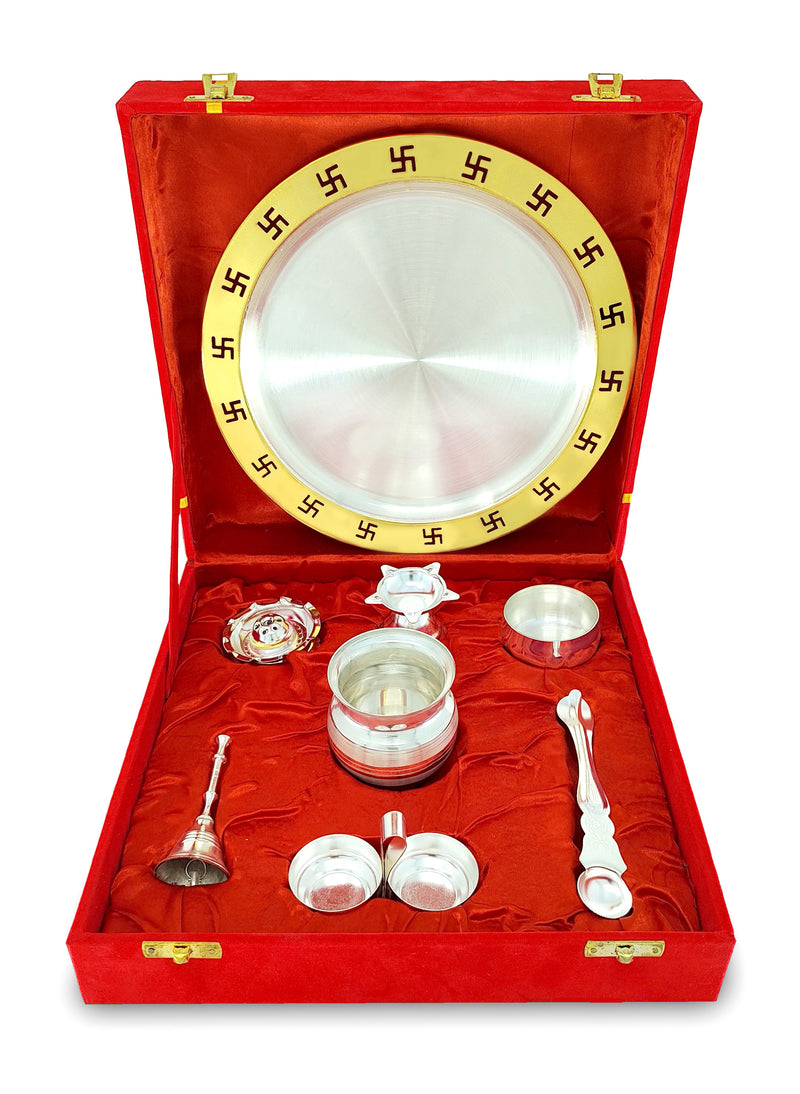 NOBILITY Pooja Thali Set Gold & Silver Plated with Red Gift Box