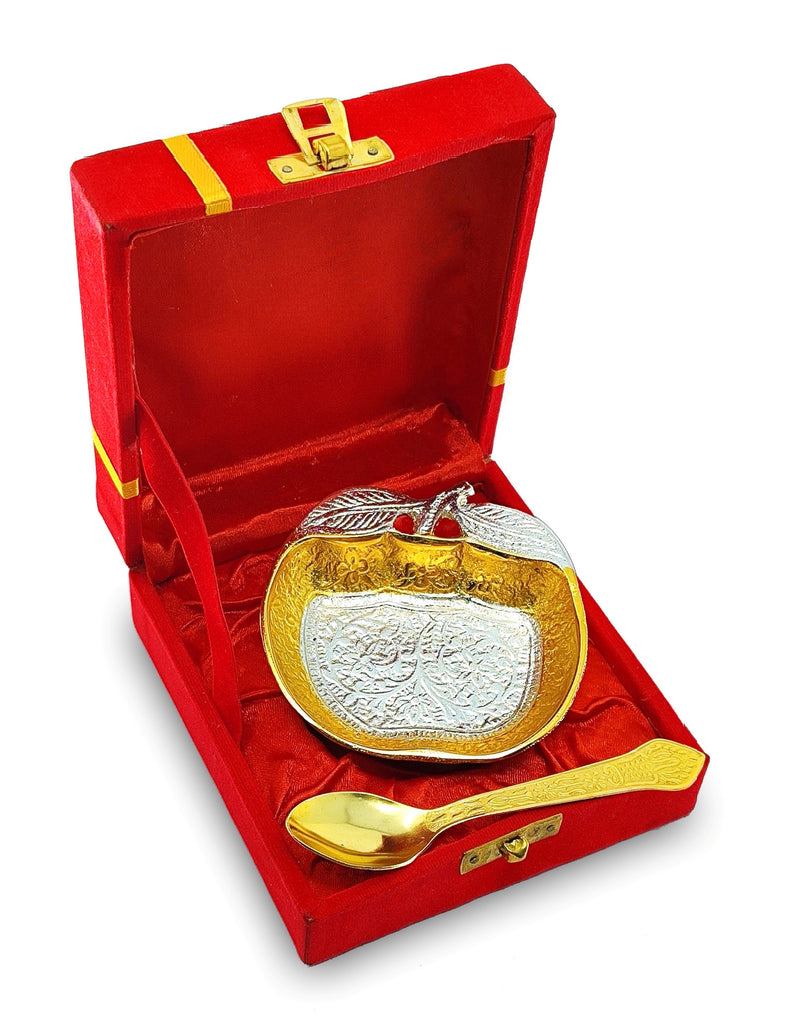 NOBILITY Bowl Spoon Set Gold and Silver Plated Leaf Shaped Designed with Velvet Box Dry Fruit Dessert Serving Sets Friends Family Home Decorative Corporate Gifts Wedding Return Gift