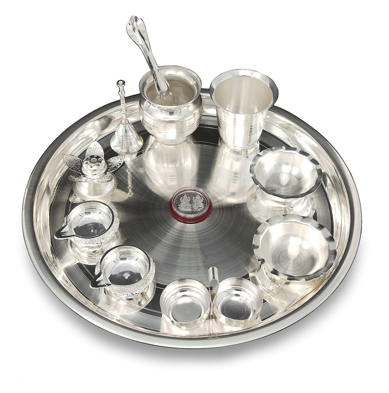 NOBILITY Silver Plated Pooja Thali Set 12 Inch with Accessories Puja Decorative Gifts for Daily Home Office Diwali Mandir Wedding Return Gift Items