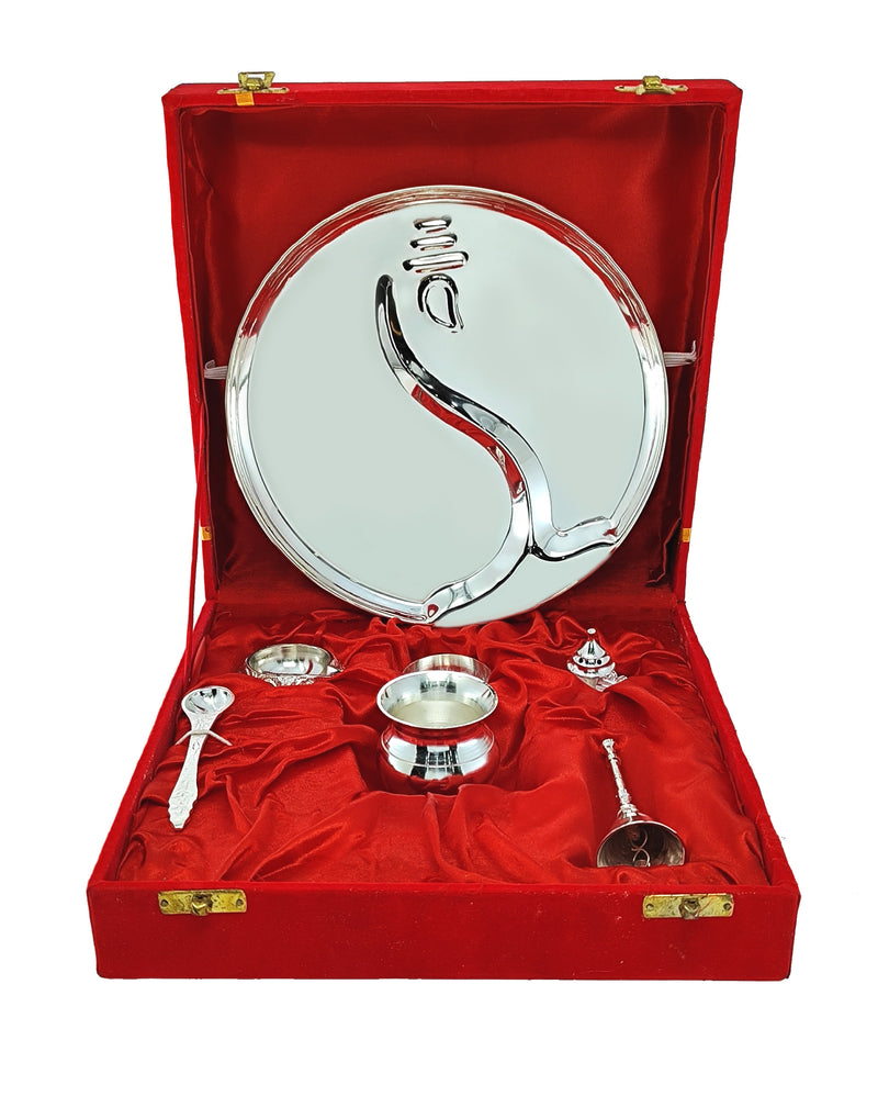 NOBILITY Pooja Thali Set Silver Plated with Red Gift Box Designed Puja Plate 22 CM Bowl Ghanti Kalash Spoon Dhup Dan Diya for Home Office Diwali Wedding Return Gift Items