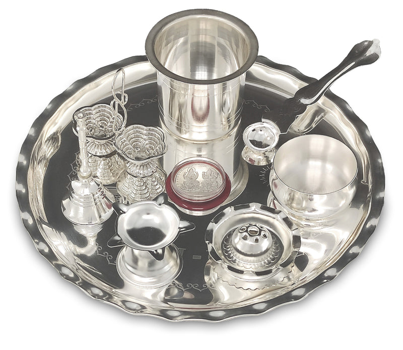 NOBILITY Silver Plated Pooja thali Set 9.5 Inch with Plate Diya Haldi Kumkum Stand Panchapatra Palli Bowl Dhup Dan Ghanti Puja Thali for Home Mandir Office Diwali Wedding Return Gift Items