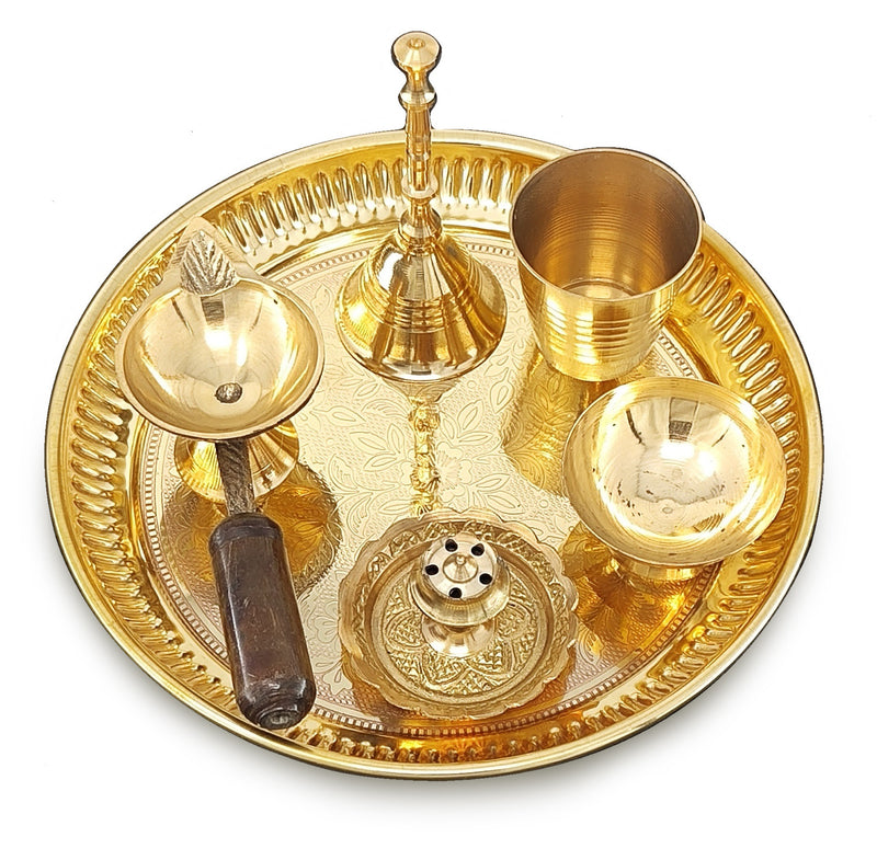 NOBILITY Brass Pooja Thali Set 6 Inch Puja Thali with Pital Plate Glass Chandan Wati Dhup Dan Diya Bell Arti Thali for Diwali Home Office Mandir Wedding Return Gift Items