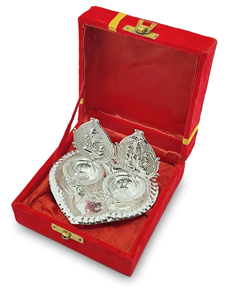 NOBILITY Silver Plated Diya with Red Velvet Gift Box Ganesh Lakshmi Design Idol Dia Pooja Items Diwali Decoration Puja Gifts Handmade Oil Lamp Traditional Indian Deepawali Gift Items