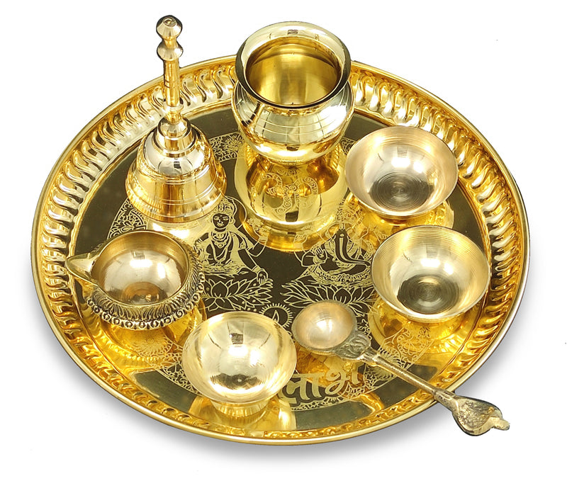 NOBILITY Brass Pooja thali Set 8 Inch with Pital Plate Bowl Kalash Spoon Ghanti Chandan Wati Daily Puja Thali for Diwali Home Mandir Office Wedding Return Gift Items