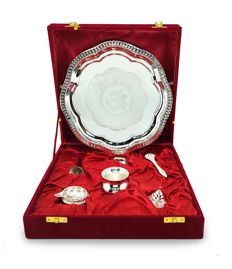 NOBILITY Pooja Thali Set Silver Plated with Red Gift Box Designed Puja Plate 22 CM Bowl Ghanti Kalash Spoon Dhup Dan Diya for Home Office Diwali Wedding Return Gift Items