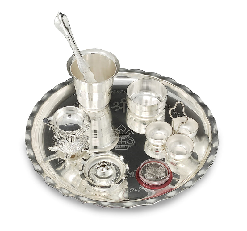 NOBILITY Pooja Thali Set Silver Plated 9.5 Inch Plate with Coin Glass Bowl Tortoise Diya Dhup Dan Palli Kumkum Stand for Puja Diwali Home Decor Temple Office Wedding Return Gift Items