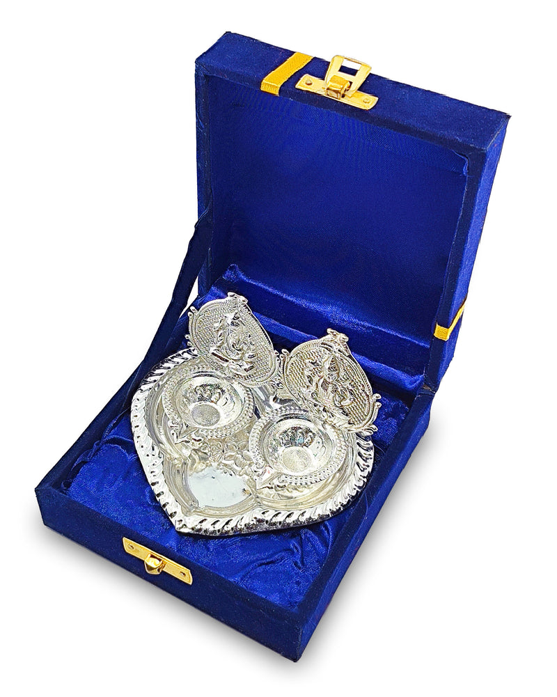 NOBILITY Silver Plated Diya with Blue Velvet Gift Box Ganesh Lakshmi Design Idol Dia Pooja Items Diwali Decoration Puja Gifts Handmade Oil Lamp Traditional Indian Deepawali Gift Items