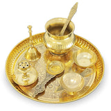 NOBILITY Brass Pooja Thali Set 8 Inch Puja Thali with Pital Plate Kalash Palli Chandan Wati Agarbatti Stand Kappur Arti Diya for Diwali Home Office Mandir Wedding Return Gift Items