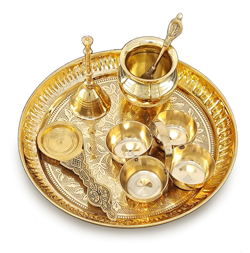 NOBILITY Brass Pooja Thali Set 7 Inch with Pital Puja Plate Kalash Bowl Spoon Dhup Dan Palli Ghanti Kuber Diya Chandan Wati Arti Thali for Diwali Home Office Mandir Wedding Return Gift Items