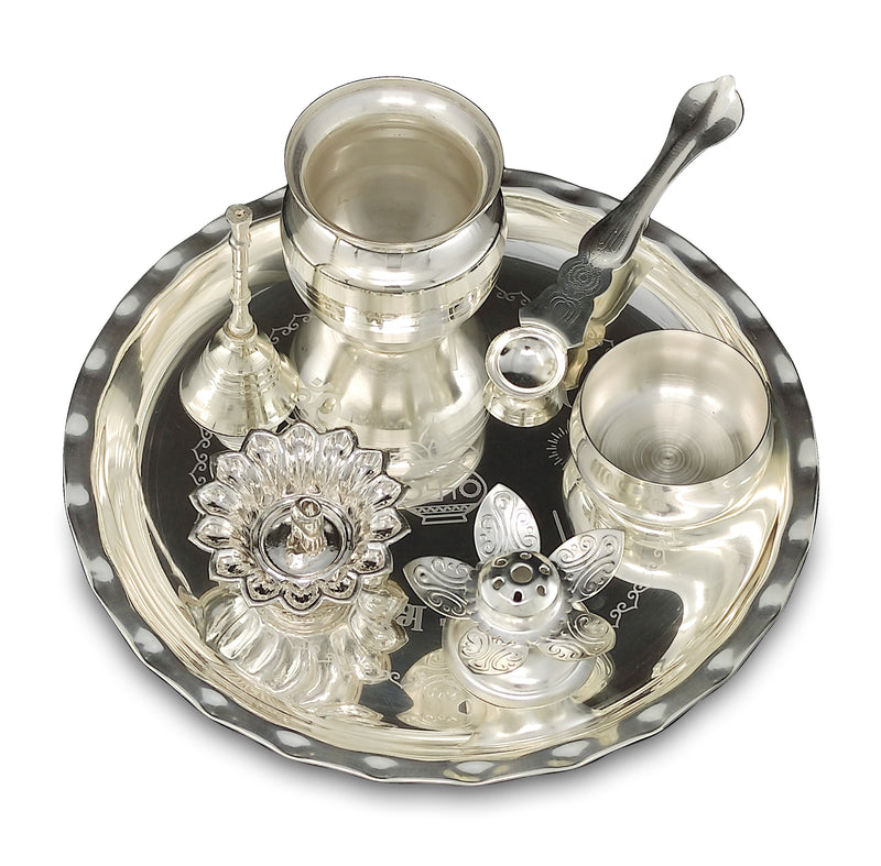 NOBILITY Silver Plated Pooja Thali Set 8 Inch with Plate Bowl Kalash Diya Palli Chandan Wati Kumkum Holder Puja Thali for Diwali Home Mandir Office Wedding Return Gift Items