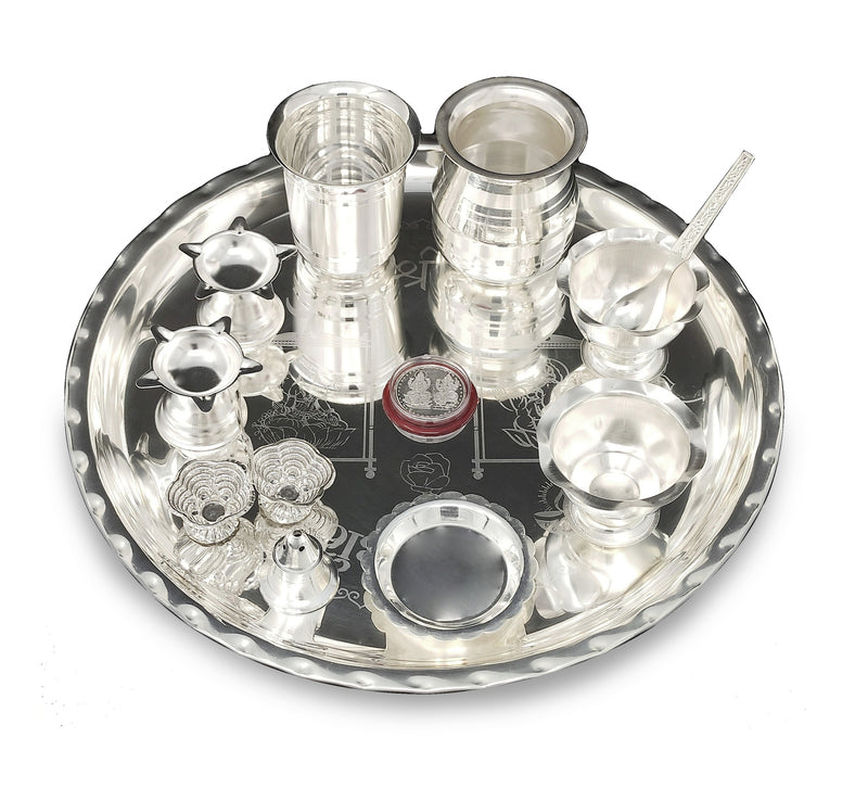 NOBILITY 12 Inch Silver Plated Pooja Thali Set with Accessories Daily Puja Decorative Gifts for Home Office Mandir Diwali Wedding Return Gift Items